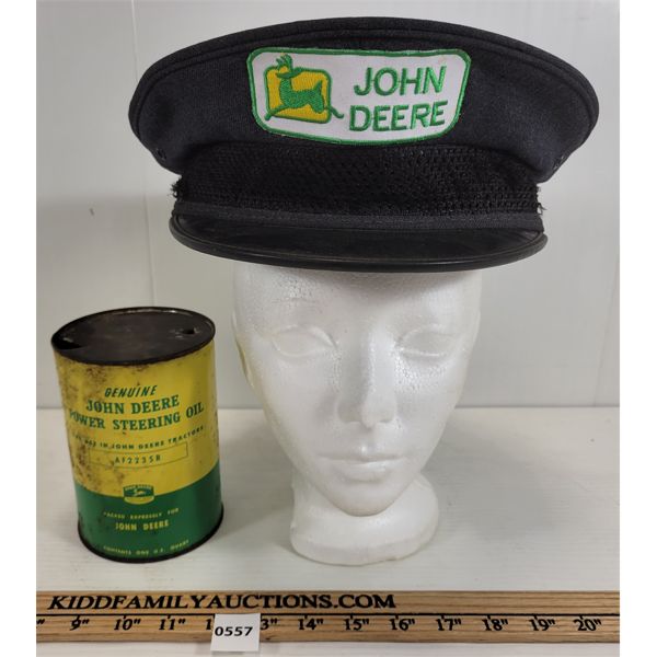 LOT OF 2 - JOHN DEERE - 1QT STEERING OIL CAN & HAT