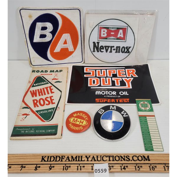 LOT OF 7 - WHITE ROSE MICHIGAN ROAD MAP, B-A BOWTIE DECAL & PATCH ETC.