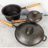 Image 1 : Set of 3 Cast Iron Pots & Pans with Wooden Handles