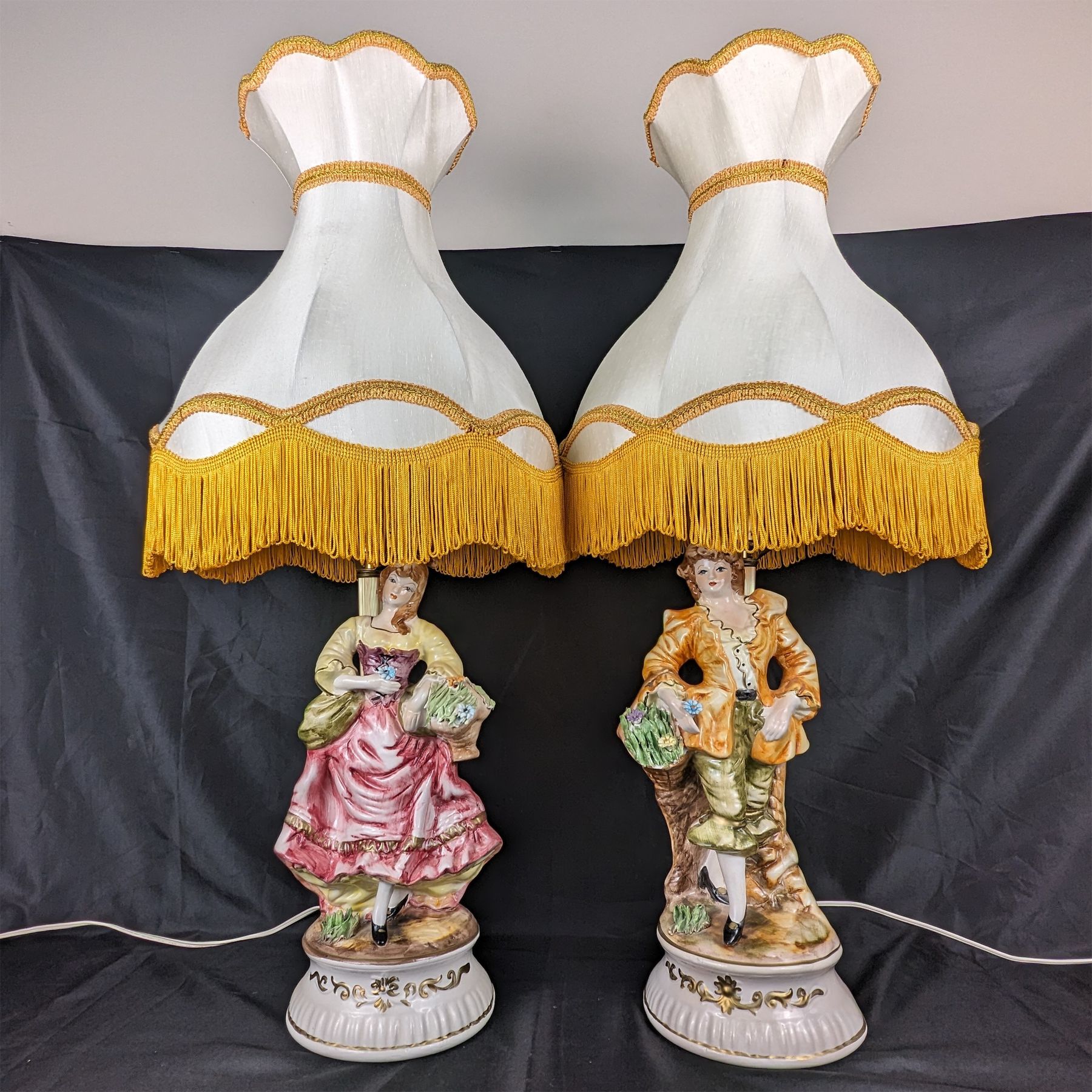 Set of 2 Vintage Capodimonte Porcelain Lamps with Fringed Shades - Made ...