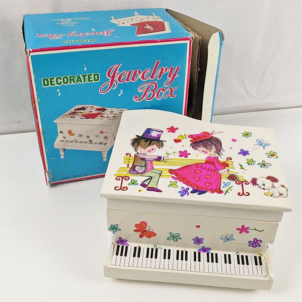 Decorated Piano Jewelry Box With Musical Ballerina - With Original Box!