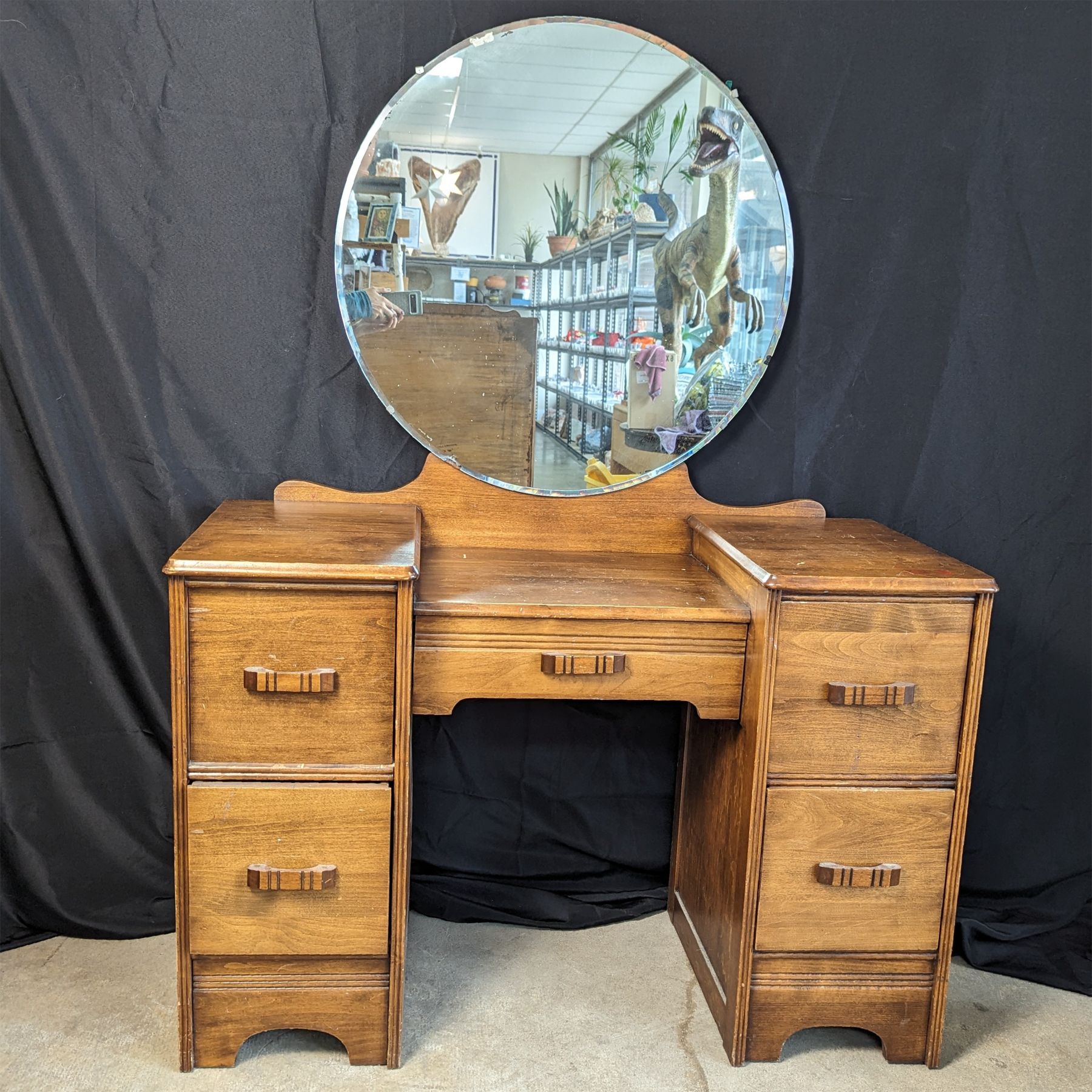 Early to Mid Century Solid Wood Bedroom Vanity with Mirror and Stool