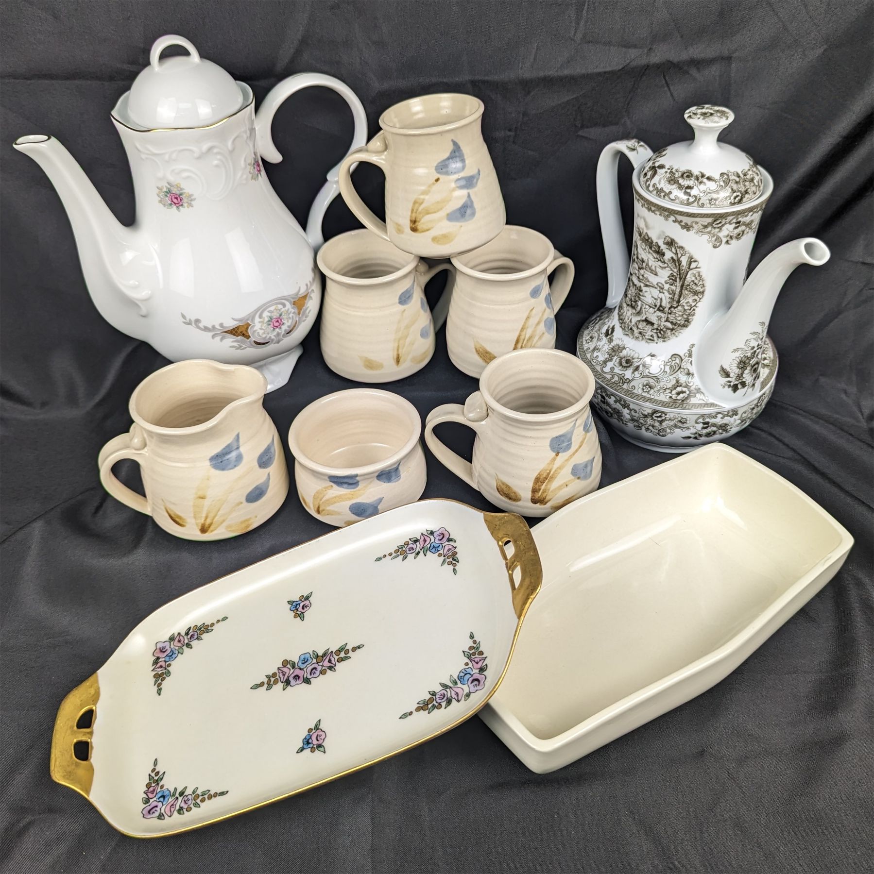 Red Wing Tea Core 2 Tea Pots, Red Wing Planter, Dish and 4 Unused Pottery Mugs with ...