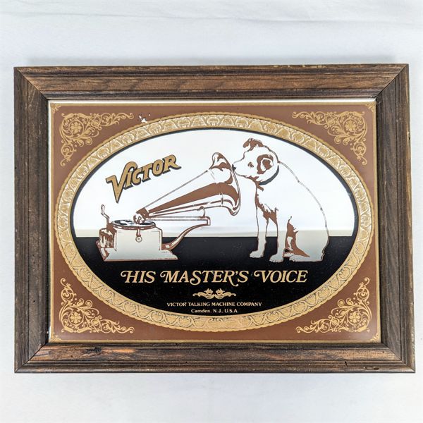 Victor His Masters Voice Wood Framed Mirror with Nipper 13.5" x 10.5"