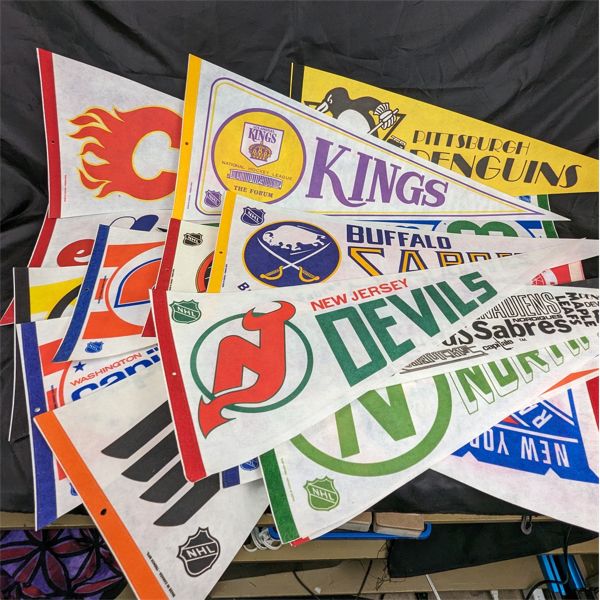 Lot of 23 NHL Vintage Team Pennant Flags (See Photos for Complete List of Teams)
