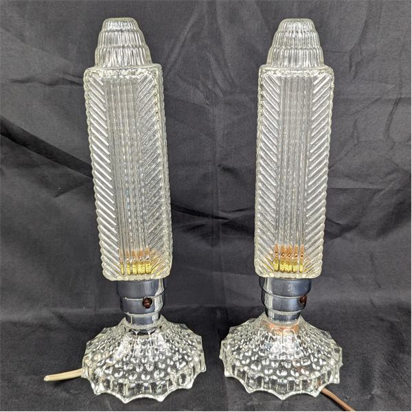 Set of 2 Vintage Art Deco Glass Torpedo Skyscraper Bed Lamps