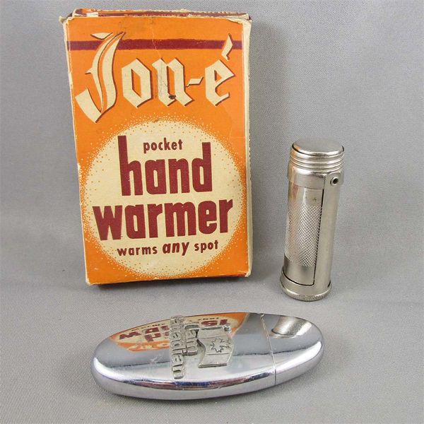 Vintage Jon E Pocket Hand Warmer with Box & 2 Vintage Match Holders