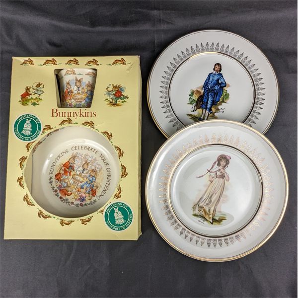 Royal Doulton Bunnykins Dish Set and 2 Wood & Sons Decorative Plates