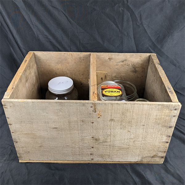 Lot of Vintage Glass Jars In a B.C. Fruit Crate