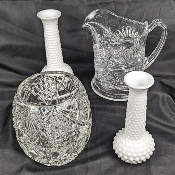 Set of 2 Crystal Vase & Juice Pitcher and 2 Hobnail Milk Glass Bud Vases