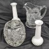 Image 1 : Set of 2 Crystal Vase & Juice Pitcher and 2 Hobnail Milk Glass Bud Vases