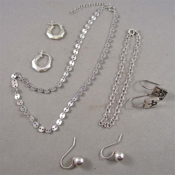 925 Sterling 14  Chain, 7  Bracelet & 3 Sets of Sterling Earrings