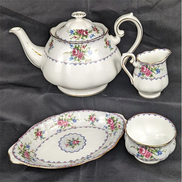 Royal Albert "Petite Point" China Tea Set - Tea Pot , Cream, Sugar & Tray