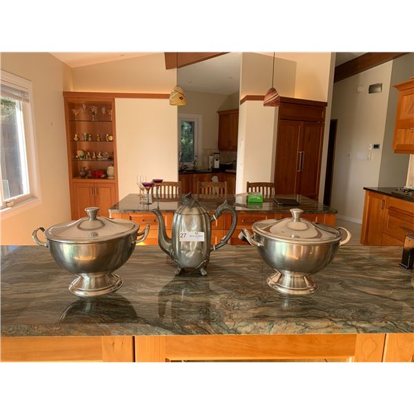 Tea Pot With Two Stainless Steel 18/10 Serving Bowls Made In Italy