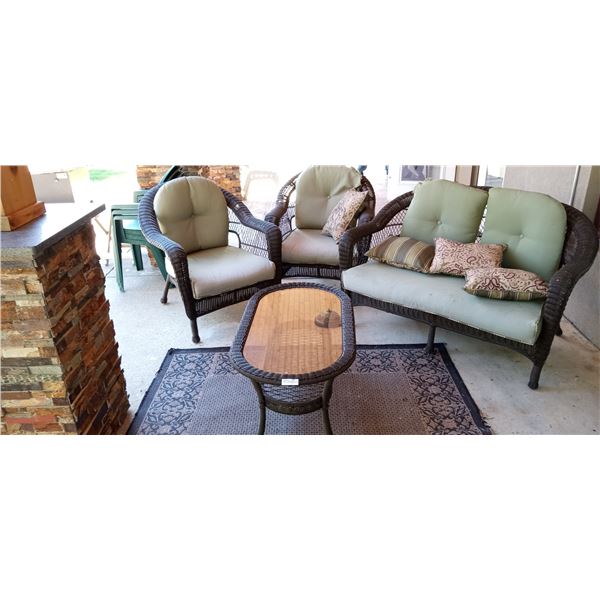 4 Piece Wicker Patio Set with Cushions and Rug