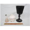 Image 1 : Pink Depression Shaker, Milk Glass Covered Candy Dish, Large Black Amethyst Vase