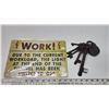 Image 1 : "Work" tin sign - 8"x11"  & iron lock n skeleton key - replica