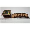 Image 1 : Vintage Wooden Coaster Set with Foil and Glass Art Top.