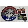 Image 1 : 43. Superhero Lot – Metal “Spiderman” Wall Sign, “Green Lantern” Box Set, 3 Plush