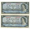Image 1 : Lot of 2 - 1954 Canadian 5 dollar bills - Beattie/Rasminsky - P/S 1233554 & S/X 3614616