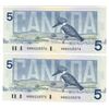 Image 1 : Lot of 2, consecutive 1986 Canadian bird series 5 dollar bills - Knight/Dodge - HNB 0220375-76