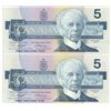 Image 2 : Lot of 2, consecutive 1986 Canadian bird series 5 dollar bills - Knight/Dodge - HNB 0220375-76