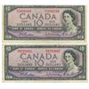 Image 1 : Lot of 2, 1954 Canadian 10 dollar bills - Beattie/Rasminsky - OV 1694349 & N/V 8723091