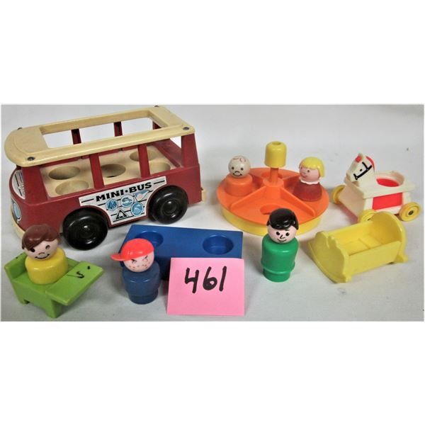 1980's fisher price #141 mini-bus with 5 accessories, meery go round, teeter-tooter, cradle, school 