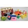 Image 1 : 1980's fisher price #141 mini-bus with 5 accessories, meery go round, teeter-tooter, cradle, school 