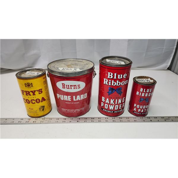 4 Vintage tins - Blue Ribbon, Fry's Cocao, Burn's Lard