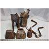 Collection of Antique items - Bee Smoker, cowbells (no bell), weight, and 2 tire irons