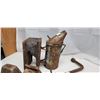 Image 4 : Collection of Antique items - Bee Smoker, cowbells (no bell), weight, and 2 tire irons