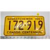 Image 1 : 1967 Centennial Saskatchewan license plate - 172-919