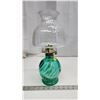 Image 1 : Green glass oil lamp, with fancy chimney