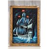 Image 1 : Large velvet sailboat framed painting, by Raul - 39"H x 29"