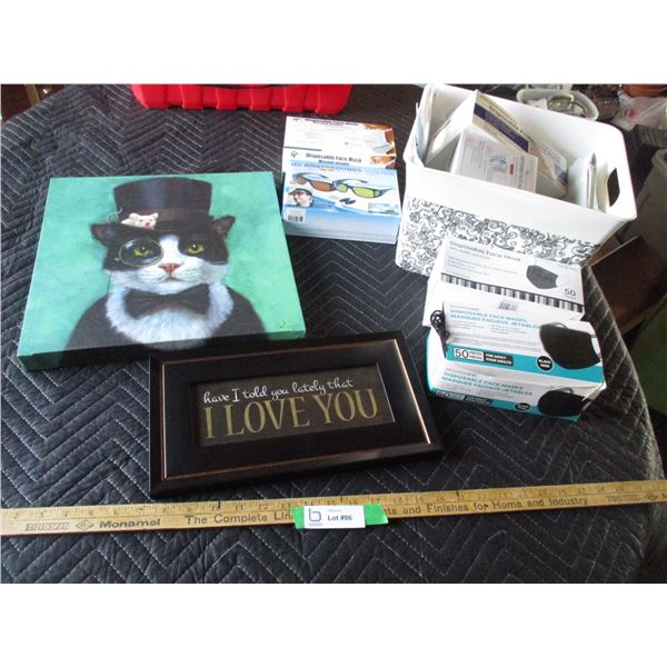 (2) Pictures, Disposable Masks, Protective Glasses, Basket