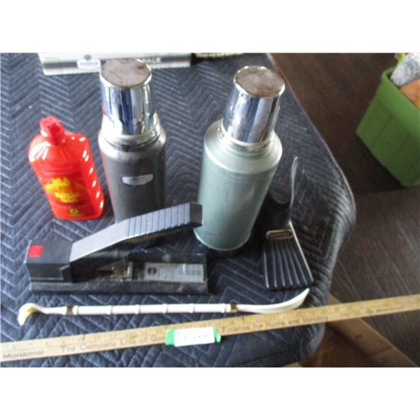 Apsco Stapler, (2) Thermos, Lighter Fluid, Boot Kicker