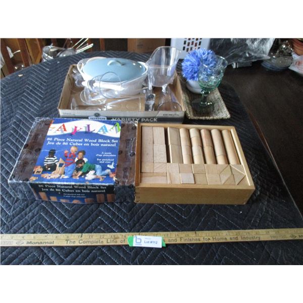 Clear Glass Items, Wood Block Set