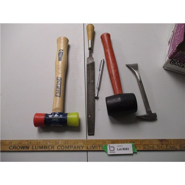 Pry Bar, File, (2) Rubber Hammers