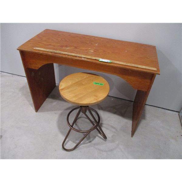Wooden Desk (42 x 19 x 29") with Small Swivel Stool (23" Tall)
