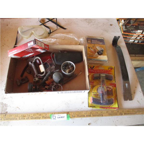 Safety Goggles, Pry Bar, Spark Plugs, Tire Repair, Misc.