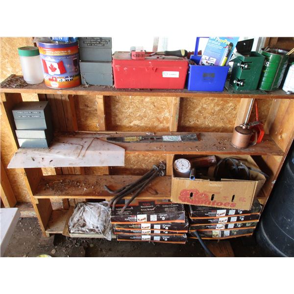 Wall Shelving Unit with Fire Bricks, Light Tester, Oiler, Misc.