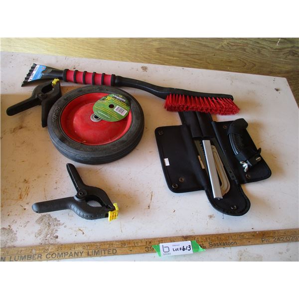 Wheel Barrow Wheel, Handsaw Kit, Ice Scraper, Clamps