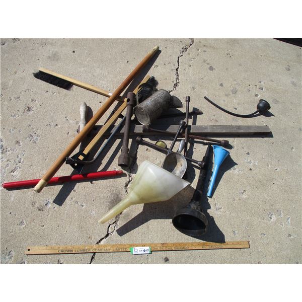 Wheel Wrenches, Funnels, Oil Jug, Vintage Metal