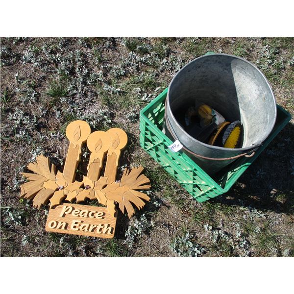 Galvanized Pail, Horse Brushes, Wooden Christmas Art
