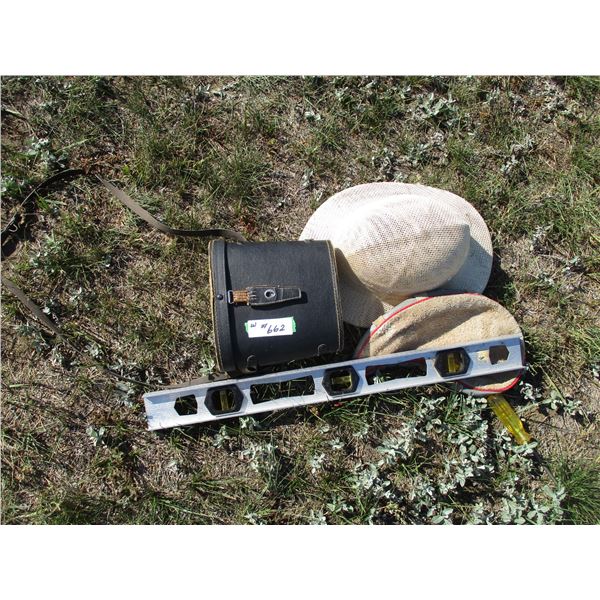 Hat, Wine Skin, Empty Binoculars Case, 24" Level