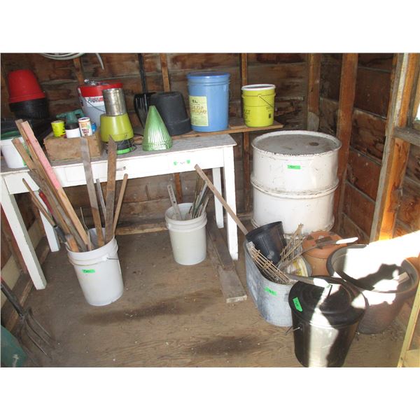 Wooden Table with Contents, Galvanized Tub & Barrel, Misc.