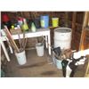 Image 1 : Wooden Table with Contents, Galvanized Tub & Barrel, Misc.