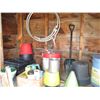 Image 5 : Wooden Table with Contents, Galvanized Tub & Barrel, Misc.
