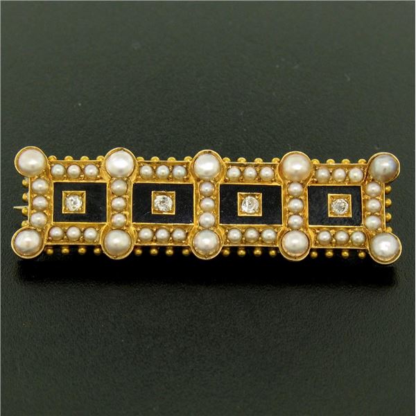 Antique Victorian 15k Yellow Gold Old Mine Cut Diamond Seed Pearl & Onyx Bar Pin